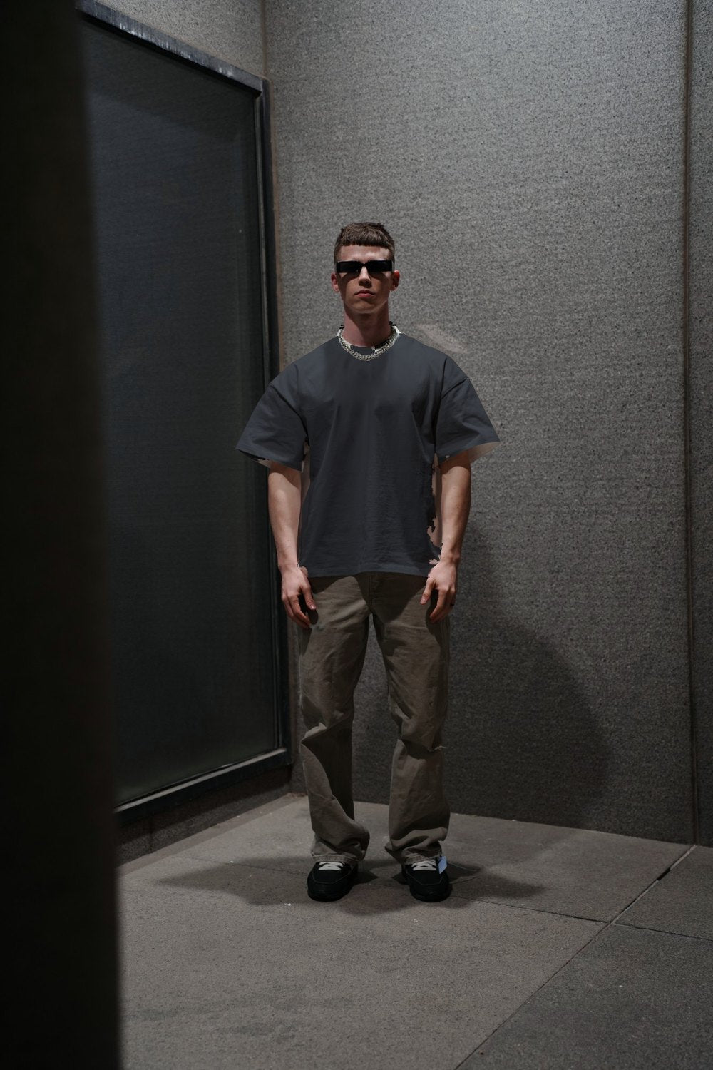 Man wearing the Charcoal Boxy Blank